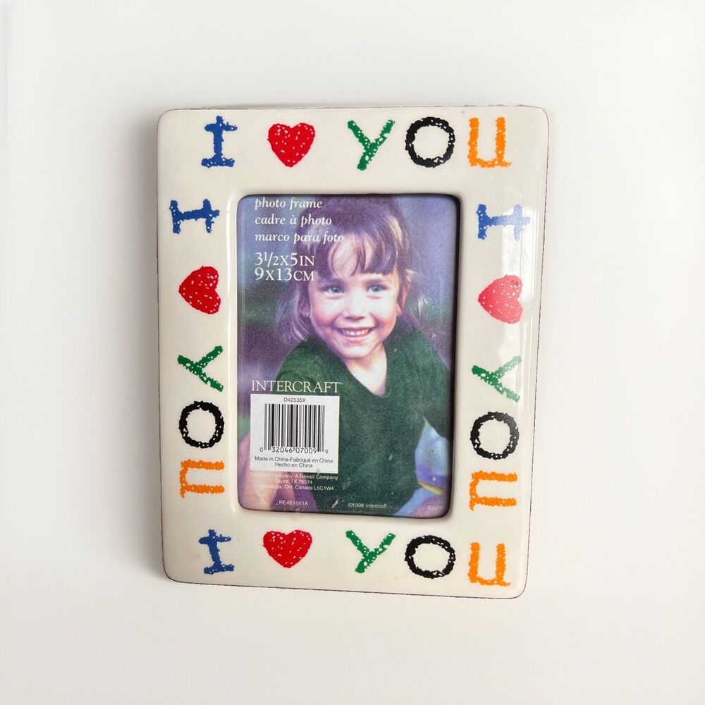 Vintage 90s I Love You Heart Ceramic Crayon Print Photo Frame